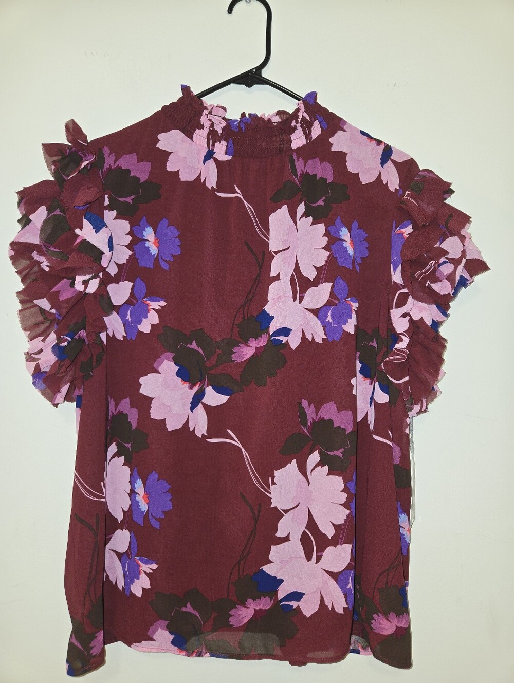 Liz Claiborne Burgundy Floral Ruffle Sleeve Blouse Size XL